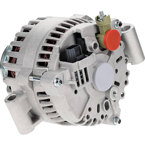 12V 135A High Output Alternator Replacement For Ford F-250 Super Duty 2003 To 2005 F-350 Super Duty 2003 To 2005 And E-350 Club Wagon 2004 To 2005 Replaces OEM 334-2610 334-2735A 335-1145, front view of silver unit