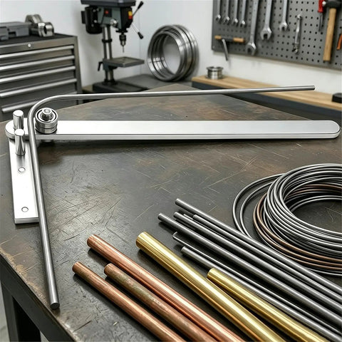 Electric Mini Rebar Bender And Pipe Tube Bending Tool shown with various metal rods on a workbench, ideal for job sites.