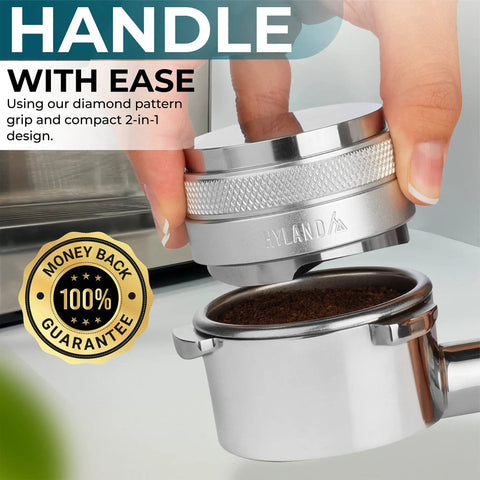 Hand using 53mm Coffee Distributor And Tamper For 54mm Portafilters With Adjustable Depth And Dual Head Leveler for smooth espresso shots