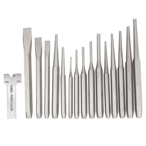 Punch And Chisel Set 16 Piece With Cold Chisels, Tapers, Pin And Center Punches, Chrome Vanadium Steel, Ground And Polished Edges