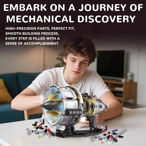 Person assembling Dope Aircraft Engine Building Kit That Actually Works For Adults With App Control Mini Turbojet Model Kit