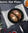 Top view of 1500W Electric Hot Plate Single Burner With Quick Heat Up, Adjustable Temperature Control, Stainless Steel Portable Stove For Home Kitchen with steak cooking in a pan