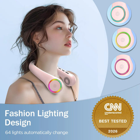 Portable Neck Fan With 4000mAh Battery Rechargeable Personal Cooler With 3 Speed Settings And 64 LED Lights Hands Free Summer Breeze Pink