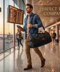 Traveler carrying Beefy Heavy Duty Cargo Duffel Bag 275L Road Trip Ready Roof Rack Gear Tote in airport terminal