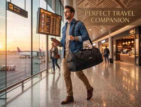 Traveler carrying Beefy Heavy Duty Cargo Duffel Bag 275L Road Trip Ready Roof Rack Gear Tote in airport terminal