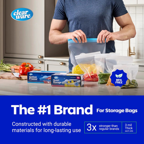 Man using 2 Gallon Storage Bags With Double Zipper Seal 60 Count Thick Resealable BPA Free Plastic Food Storage Bags Microwave Safe For Lunch Snacks And Meals Comes In Two Boxes Budget Friendly