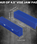 Two Piece 4.5 Inch Magnetic Vise Jaw Pads With Soft TPU Non Marring Covers And Waffle Grip, blue, with dimensions shown