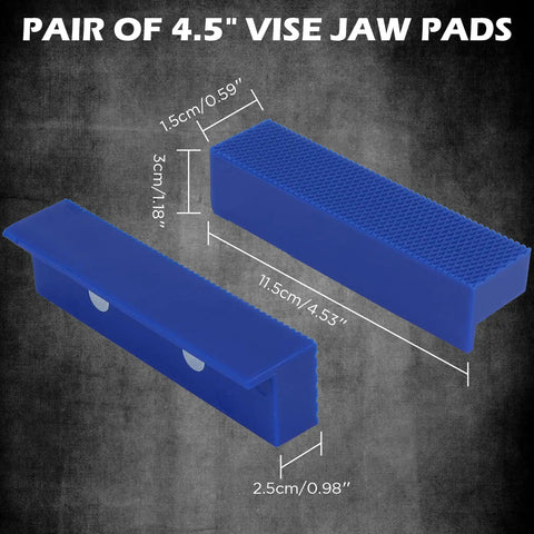 Two Piece 4.5 Inch Magnetic Vise Jaw Pads With Soft TPU Non Marring Covers And Waffle Grip, blue, with dimensions shown