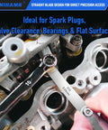 Close-up of SLNIHAMS stainless steel feeler gauge set in use on engine valves; 32 standard blades and 16 offset blades