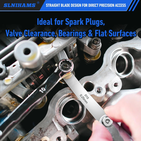 Close-up of SLNIHAMS stainless steel feeler gauge set in use on engine valves; 32 standard blades and 16 offset blades