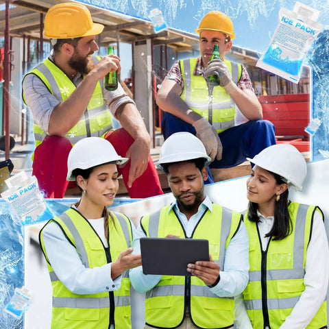 Group of workers wearing Boss-Level Cooling Vest That Holds Eight Cold Ice Packs Adds High Viz Reflective Stripes And X-Large Fit to stay cool.