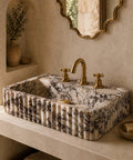 Calacatta Viola Marble Apron Sink, Hand-Carved Fluted Bathroom Washbasin in luxurious powder room setting.