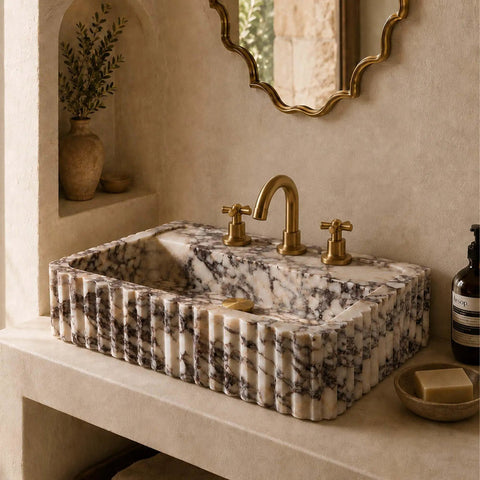 Calacatta Viola Marble Apron Sink, Hand-Carved Fluted Bathroom Washbasin in luxurious powder room setting.