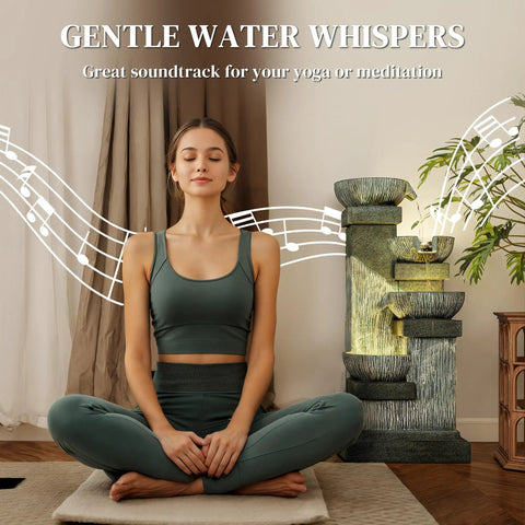 Woman meditating beside Four Tier Outdoor Water Fountain With LED Lights, 33.5 Inch Tall Resin Cascading Bowls Waterfall for Garden