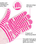 Extreme Heat Resistant Oven Gloves for BBQ Grilling and Baking Pink Heat Proof Cooking Mitts with Superior Grip, showing silicone strips.