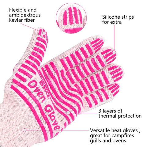 Extreme Heat Resistant Oven Gloves for BBQ Grilling and Baking Pink Heat Proof Cooking Mitts with Superior Grip, showing silicone strips.