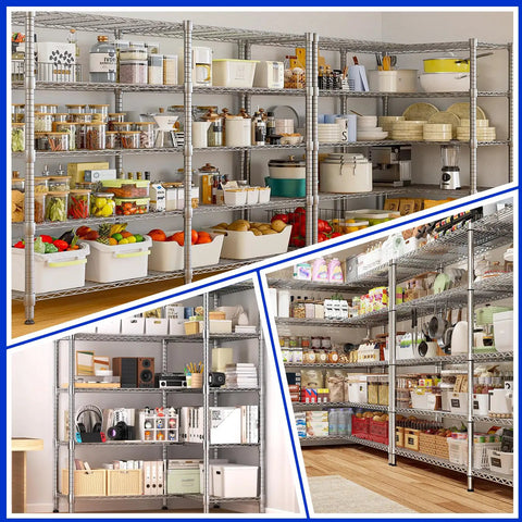 Tough As Nails Heavy Duty Wire Shelving Units, 3 Pack Kickass Adjustable Metal Storage Racks Load 2000 Lbs, Smooth Operation Garage Setup For Basements And Workspaces with various pantry items.