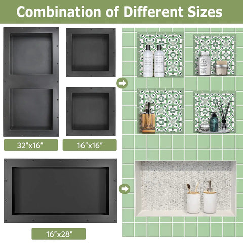 Tile Ready Recessed Shower Niche 16x28 Outer, 24x12 Inner, Single Shelf Bathroom Organizer showcasing different sizes and configurations on tile walls.