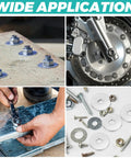 Collage showing uses of 200 Pack Fender Washers Set, 3/8 In X 1-1/2 In Stainless Steel Flat Washers, 2 Mm Thick Zinc Hardware.