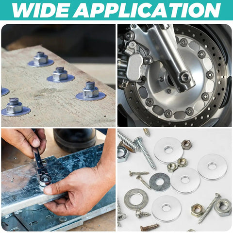 Collage showing uses of 200 Pack Fender Washers Set, 3/8 In X 1-1/2 In Stainless Steel Flat Washers, 2 Mm Thick Zinc Hardware.