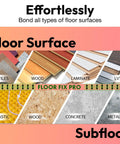 Diagram showing compatible floor surfaces for Extra Strength Floor And Tile Adhesive including wood, laminate, and tile.