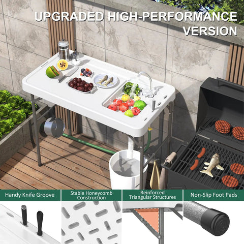 42.5 Inch Folding Fish Cleaning Table With Sink And Hose Hookup Portable Outdoor Fishing Station next to barbecue grill