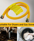 60 Inch Flexible Gas Line Kit For Dryer Stove Range With Stainless Steel Connector And 5/8 Inch OD, 1/2 Inch ID, shown with appliances.