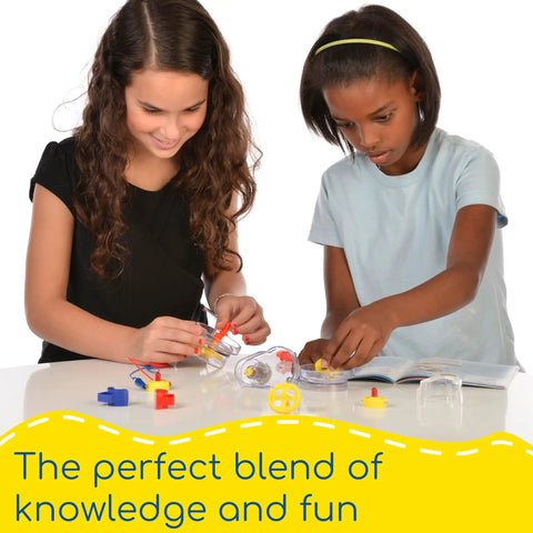 Girls exploring Hands-On Motors And Generators Science Kit For Kids With 25 Guided STEM Experiments, Transparent Motor View, Ages 8+.