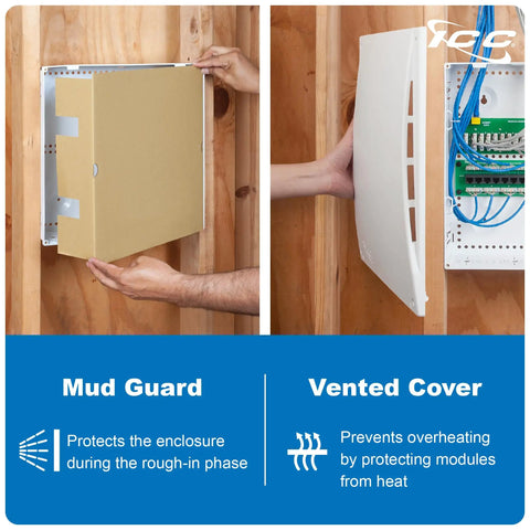 Heavy Duty 14 Inch Abs Plastic Structured Wiring Enclosure With Secure Cable Management Cover to Keep Your Home Office Network Running Like A Charm Without Wire Headaches showing mud guard and vented cover.