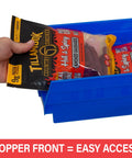 Heavy Duty Pro Grade Plastic Shelf Bins 12x8x4 Inches Blue 12 Pack for garage closet and drawer organization with hopper front.