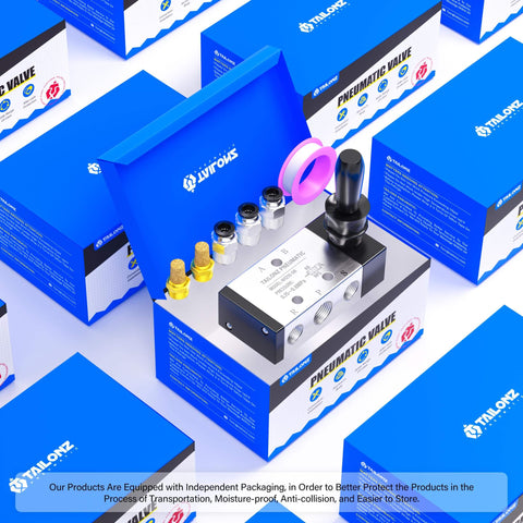 5 Way 2 Position Hand Pull Pneumatic Valve With 1 Quarter Inch NPT Ports displayed with packaging