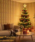 Living room with Christmas tree decorated, Two Color Changing Curtain Lights 600 LED 20ft By 10ft Waterproof Connectable With Timer