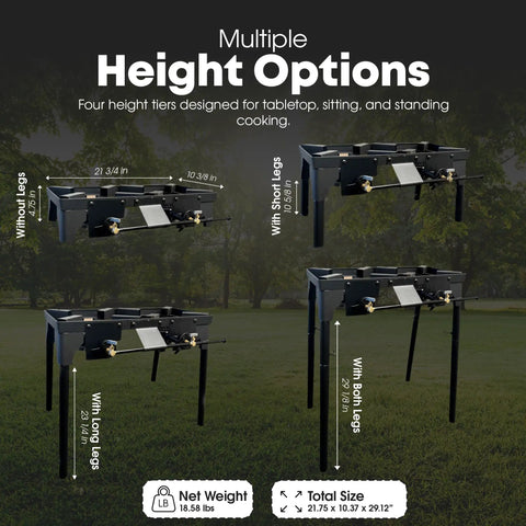 Double Propane Camp Burner With Adjustable Height And Removable Legs shown in four height options