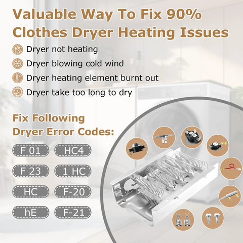 NED4655EW1 Dryer Heating Element Replacement For Whirlpool Maytag Kenmore with parts and error codes displayed