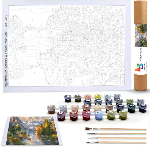 Chill Paint By Numbers Kit For Adults Unframed Canvas With Real Licensed Artwork Beginner To Advanced Includes Acrylic Paint Set Brushes And Tabletop Easel Rocky Mountain Campsite 16x20 with paints, brushes, and canvas visible