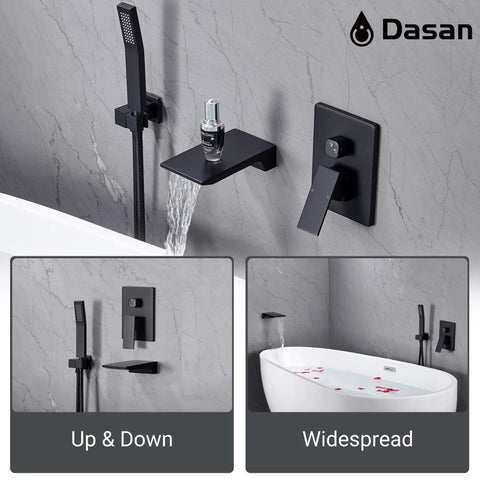 Waterfall Tub Filler Faucet With Hand Shower, Wall Mounted Matte Black Tub Faucet For Modern Bathrooms, Three Mounting Styles