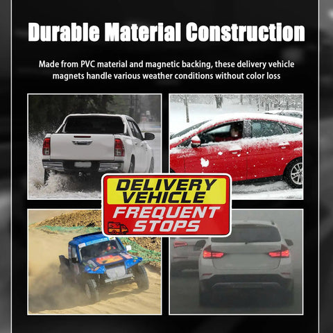 Delivery Vehicle Magnet Sign Set 9x4 Inches Weatherproof Reflective Warnings for Frequent Stops installed on various vehicles