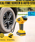 Cordless Tire Inflator Portable Air Compressor with 160 PSI inflating car tire showing digital gauge.