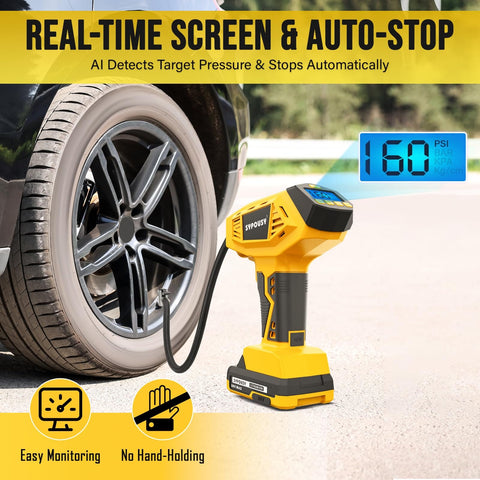 Cordless Tire Inflator Portable Air Compressor with 160 PSI inflating car tire showing digital gauge.
