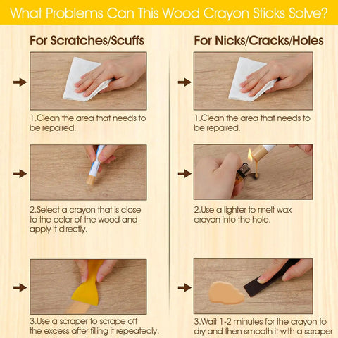 Step-by-step guide using All In One Wood Repair Kit With 60 Plus 2 Pcs, 30 Color Wax Filler Sticks And Scrapers for scratches and dings.