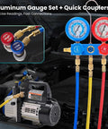 One Third Horsepower Single Stage Rotary Vane Vacuum Pump Kit With R134a Manifold Gauge Set showing gauges and quick couplers.