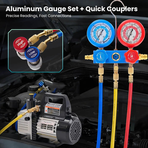 One Third Horsepower Single Stage Rotary Vane Vacuum Pump Kit With R134a Manifold Gauge Set showing gauges and quick couplers.