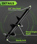 Four Piece Garden Auger Drill Bit Set With Sizes 1.6x9 Inch 1.6x16.5 Inch 2.7x16 Inch And 3x12 Inch Spiral Bits features 3/8" Hex Head and Sharp Blade