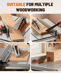 10 Inch Table Saw With Stand, 15 Amp Copper Motor Spins at 5300 Rpm for Badass Cuts through Hardwood, Precision Woodworking Tool shown in action with wood pieces and adjustable components.