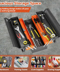 22-Inch Cantilever Tool Box With 5 Trays And 3 Layers open showing organized tools in gray and orange trays, ideal for garages and workshops.