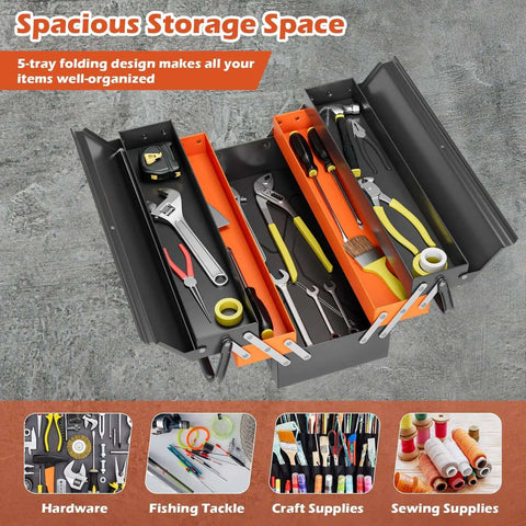 22-Inch Cantilever Tool Box With 5 Trays And 3 Layers open showing organized tools in gray and orange trays, ideal for garages and workshops.
