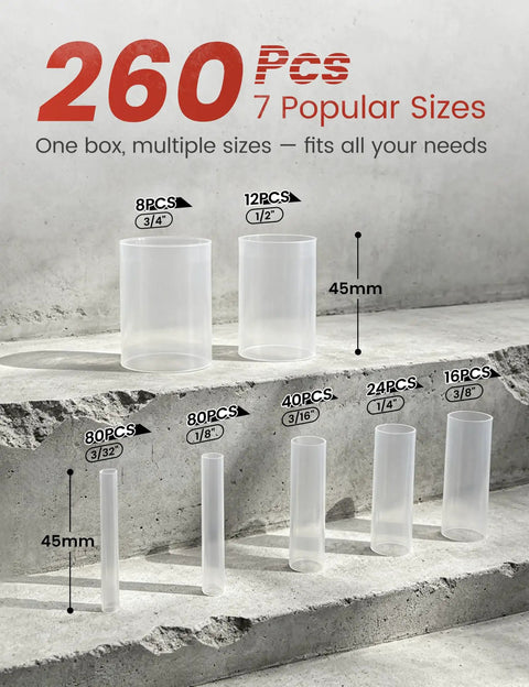 Crystal Clear Heat Shrink Tubing Kit 3 To 1 260 Pieces Waterproof Marine Grade Wire Wrap in various sizes and lengths on display