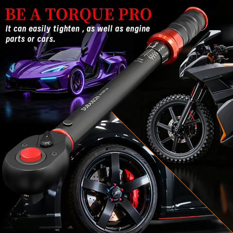 1/2 Inch Drive Torque Wrench with 10 to 170 Ft Lb Range and 13.6 to 230.5 Nm Dual Scale shown with a car and motorcycle