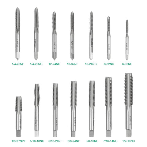 14 Piece SAE Tap And Drill Set For Quick Thread Cutting And Hole Making, Includes A DIYer Friendly Range Of Taps From 1/8 27 NPT Pipe To 3/8 24 NF