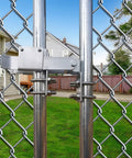 Double Gate Latch For Chain Link Fence 1 3 Eighth Inch Gate Frames, Strong Arm Design, Residential Grade, Silvery Finish installed.